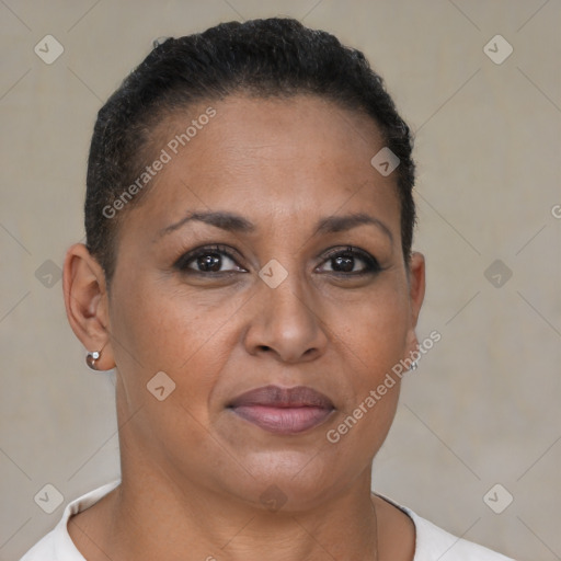 Joyful latino young-adult female with short  brown hair and brown eyes