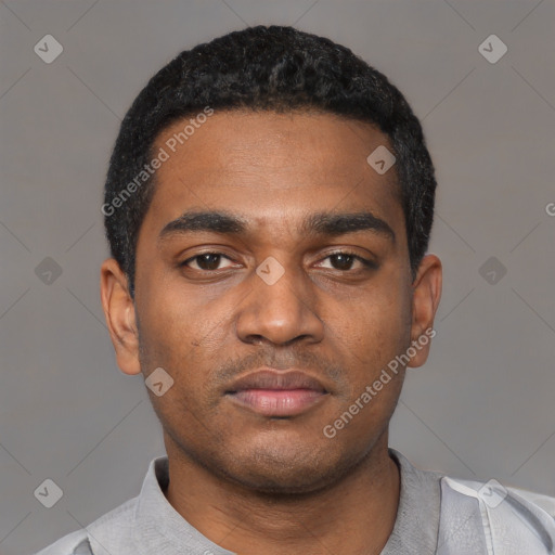 Neutral latino young-adult male with short  black hair and brown eyes