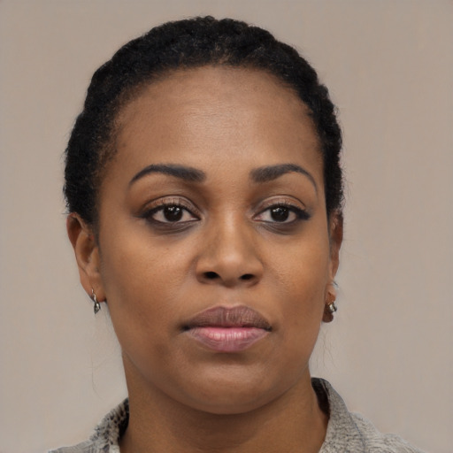 Neutral black young-adult female with short  black hair and brown eyes