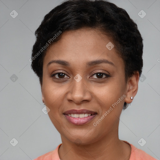 Joyful latino young-adult female with short  brown hair and brown eyes