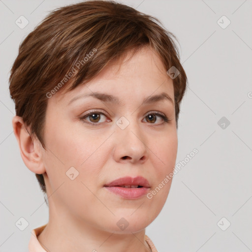 Neutral white young-adult female with short  brown hair and brown eyes