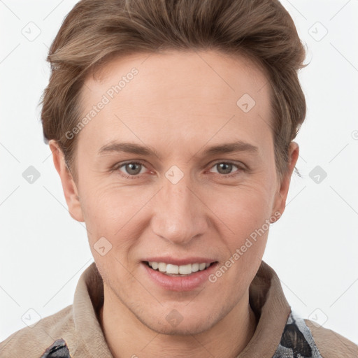 Joyful white young-adult female with short  brown hair and grey eyes