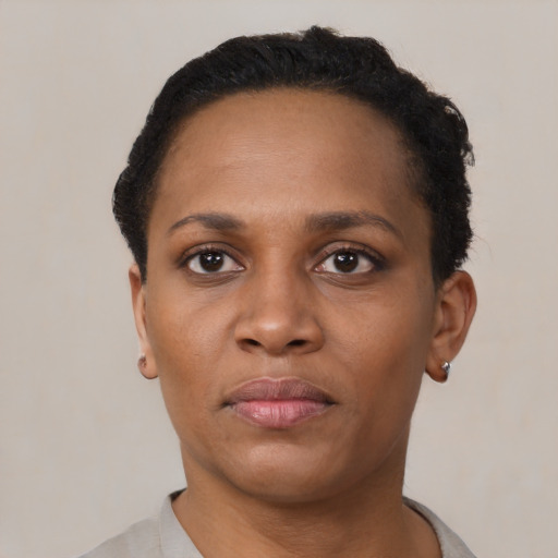 Neutral black young-adult female with short  black hair and brown eyes