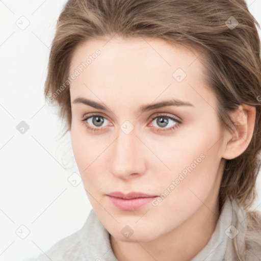 Neutral white young-adult female with medium  brown hair and grey eyes