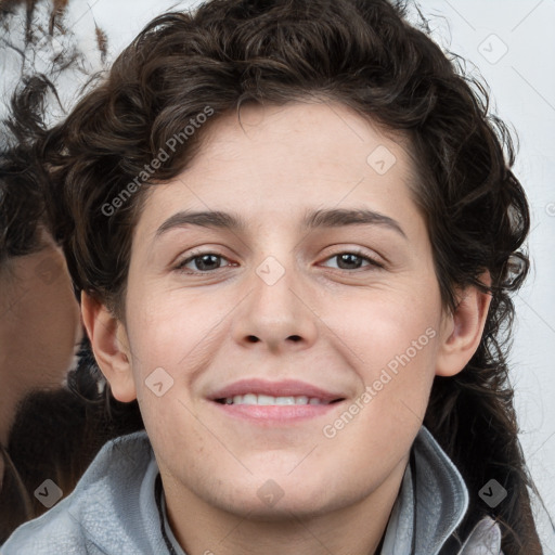 Joyful white young-adult male with medium  brown hair and brown eyes