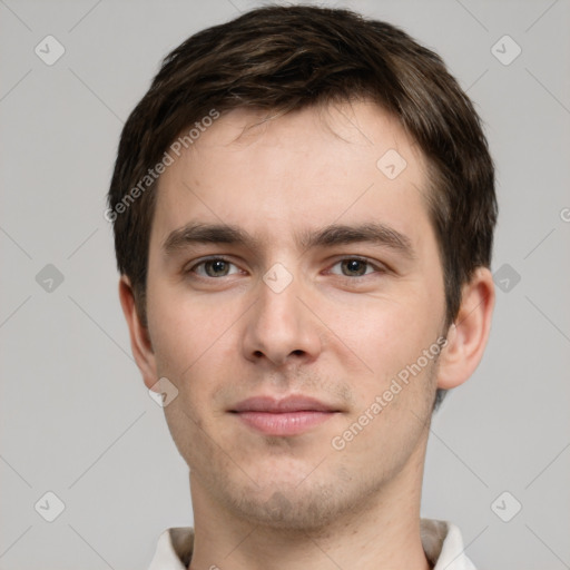 Neutral white young-adult male with short  brown hair and grey eyes