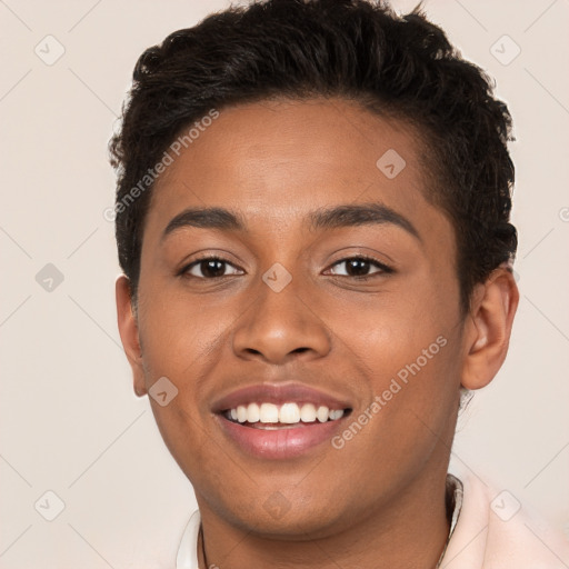 Joyful latino young-adult female with short  brown hair and brown eyes