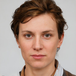 Neutral white young-adult female with short  brown hair and brown eyes