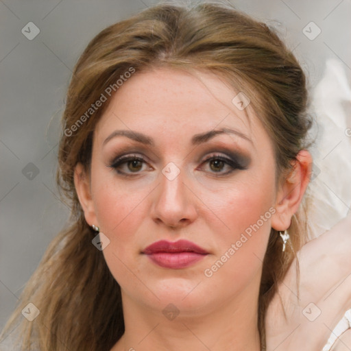 Joyful white young-adult female with medium  brown hair and brown eyes