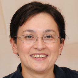 Joyful white adult female with medium  brown hair and brown eyes