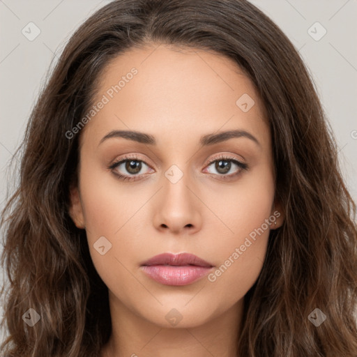 Neutral white young-adult female with long  brown hair and brown eyes