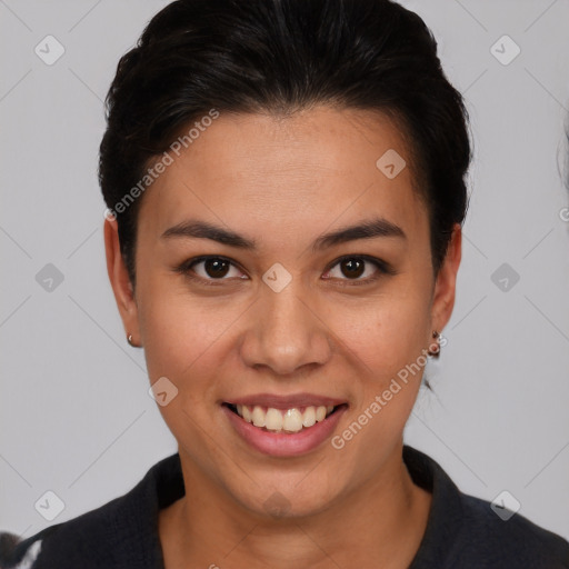 Joyful white young-adult female with short  brown hair and brown eyes