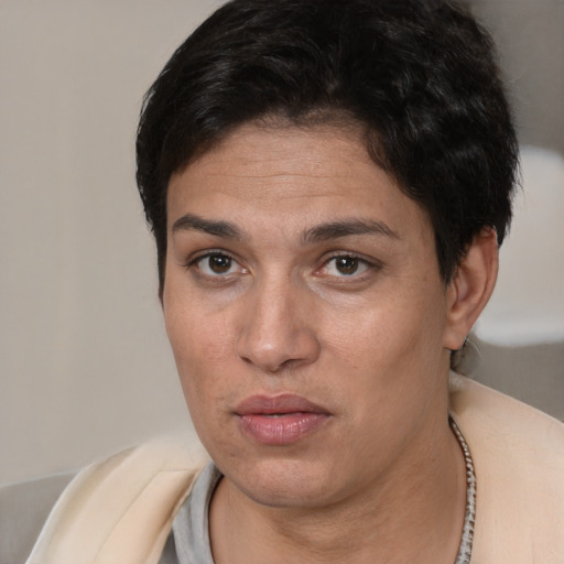 Neutral white young-adult female with short  brown hair and brown eyes
