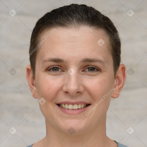 Joyful white young-adult female with short  brown hair and brown eyes