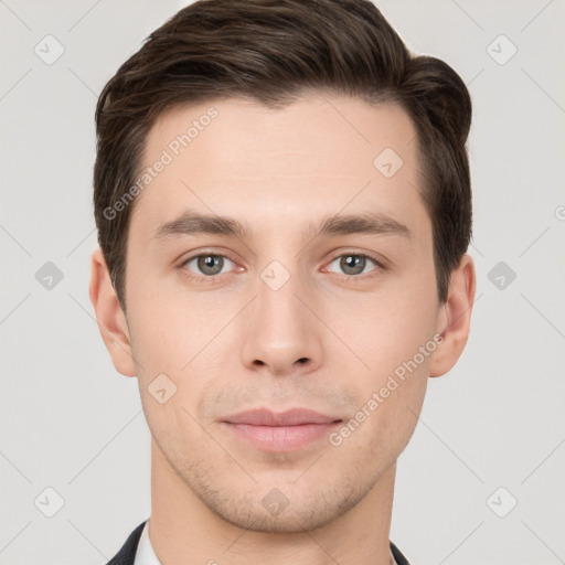 Neutral white young-adult male with short  brown hair and brown eyes