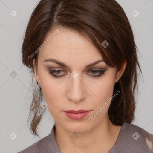 Neutral white young-adult female with medium  brown hair and brown eyes