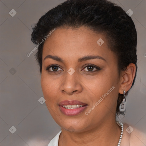 Joyful latino young-adult female with medium  brown hair and brown eyes