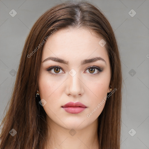 Neutral white young-adult female with long  brown hair and brown eyes