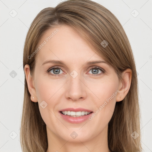 Joyful white young-adult female with long  brown hair and grey eyes