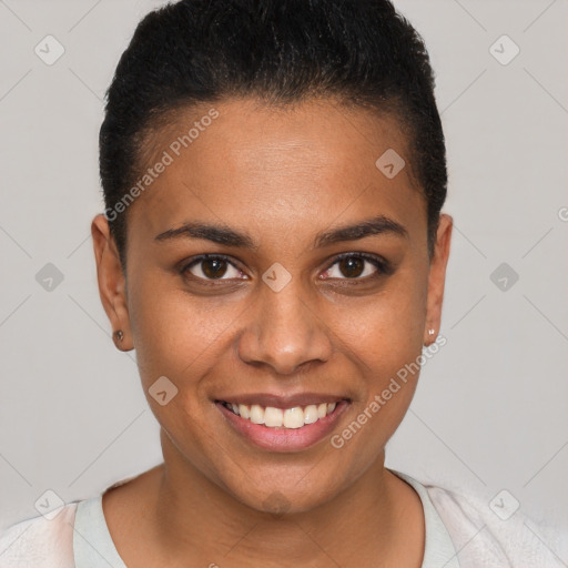 Joyful white young-adult female with short  brown hair and brown eyes