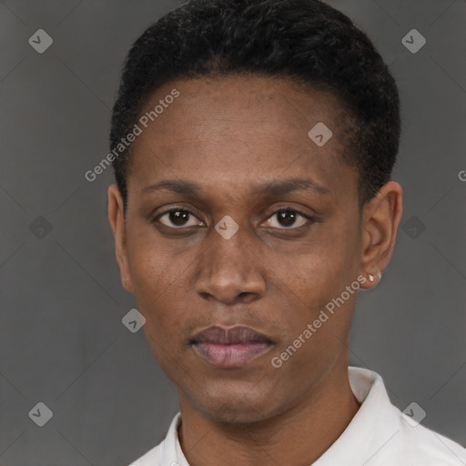 Neutral black young-adult female with short  black hair and brown eyes