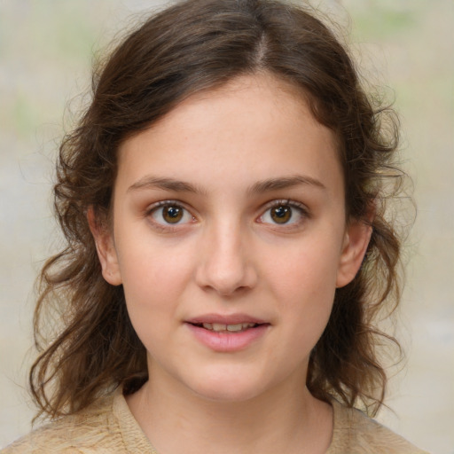 Joyful white child female with medium  brown hair and brown eyes