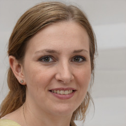 Joyful white adult female with medium  brown hair and blue eyes