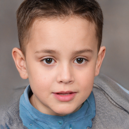 Joyful white child female with short  brown hair and brown eyes
