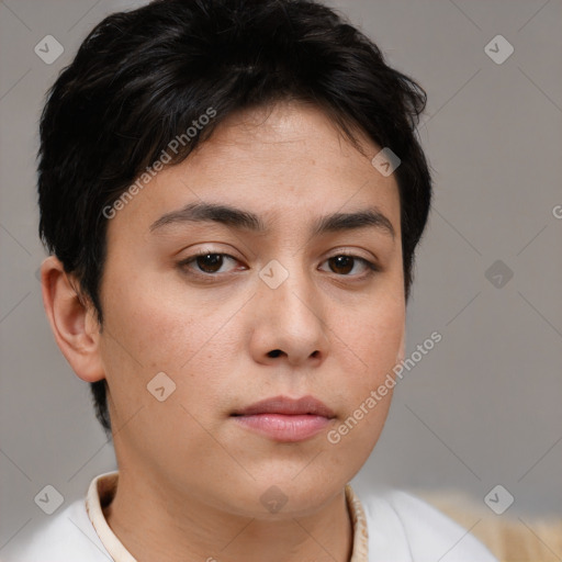 Neutral white young-adult female with short  brown hair and brown eyes