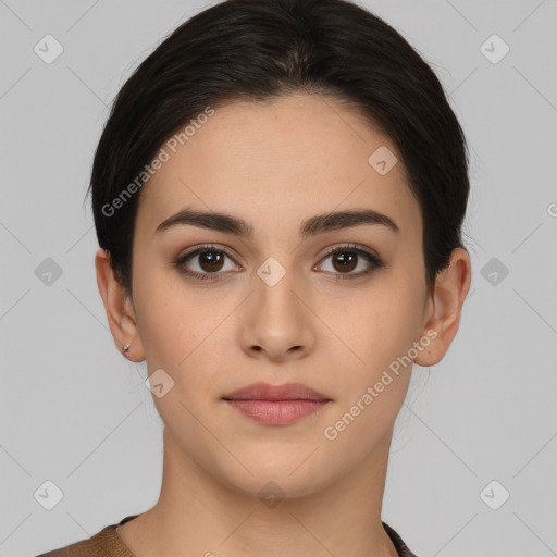 Neutral white young-adult female with medium  brown hair and brown eyes