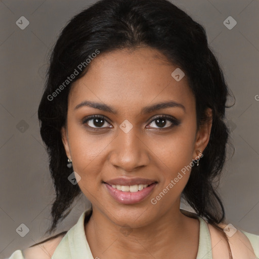 Joyful black young-adult female with medium  brown hair and brown eyes