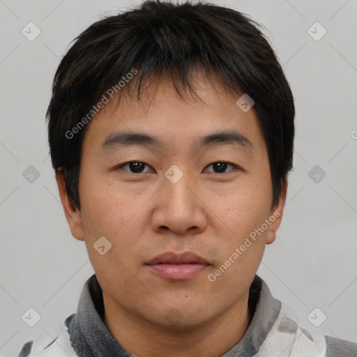 Neutral asian young-adult male with short  brown hair and brown eyes