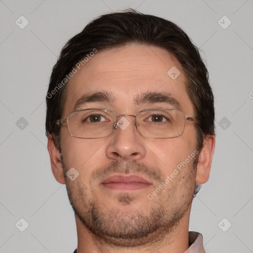 Joyful white adult male with short  brown hair and brown eyes
