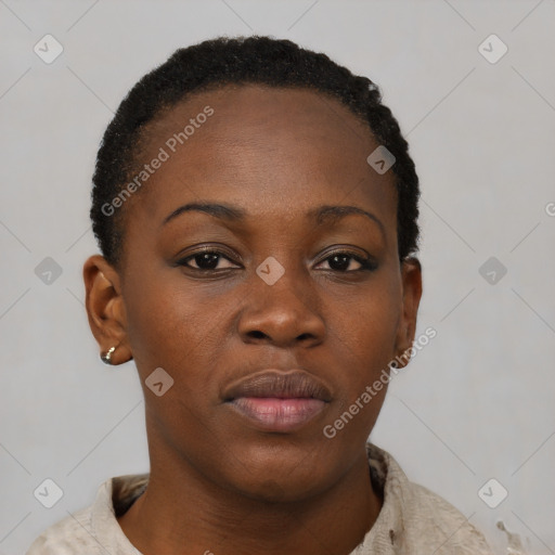 Neutral black young-adult female with short  brown hair and brown eyes