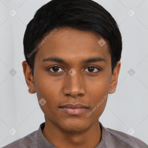 Neutral black young-adult male with short  black hair and brown eyes