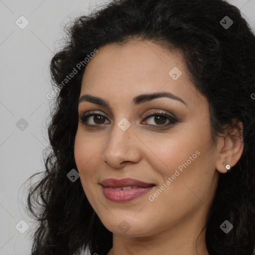 Joyful latino young-adult female with long  brown hair and brown eyes