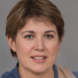 Joyful white adult female with medium  brown hair and brown eyes