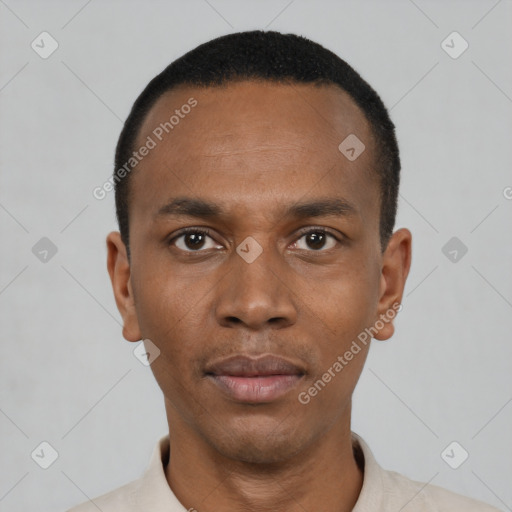 Neutral black young-adult male with short  black hair and brown eyes
