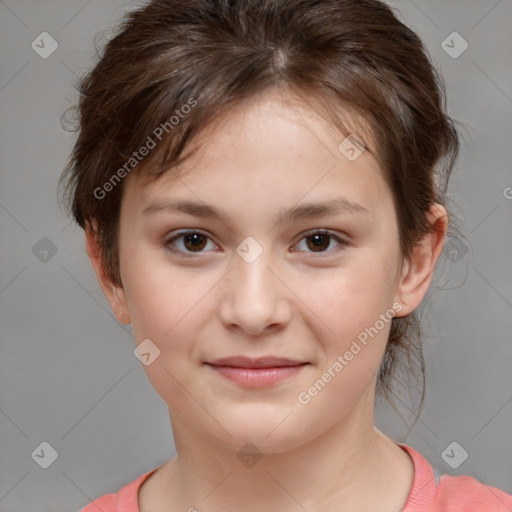 Joyful white child female with medium  brown hair and brown eyes