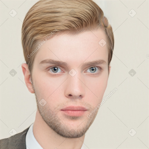 Neutral white young-adult male with short  brown hair and grey eyes