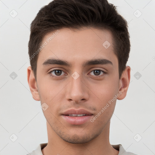 Neutral white young-adult male with short  brown hair and brown eyes