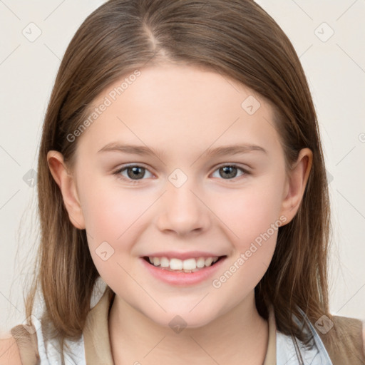 Joyful white child female with medium  brown hair and brown eyes