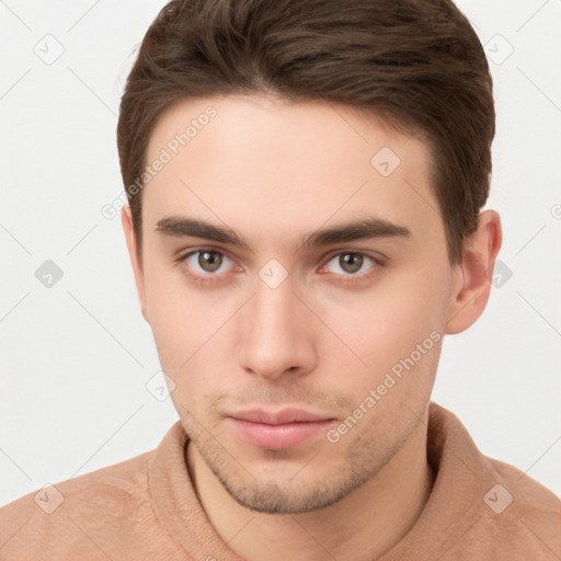 Neutral white young-adult male with short  brown hair and brown eyes