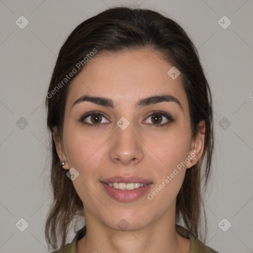 Joyful white young-adult female with medium  brown hair and brown eyes