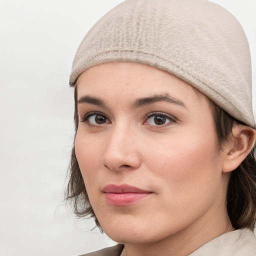 Neutral white young-adult female with medium  brown hair and brown eyes