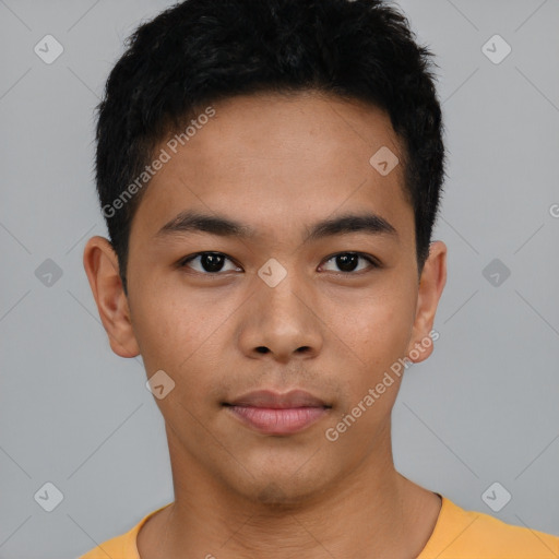 Neutral asian young-adult male with short  black hair and brown eyes