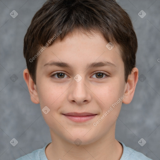 Joyful white child female with short  brown hair and brown eyes