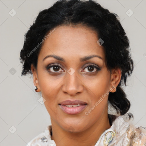 Joyful black young-adult female with medium  black hair and brown eyes