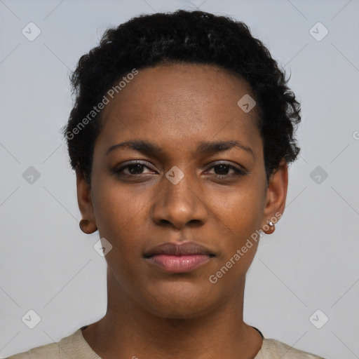 Neutral black young-adult female with short  black hair and brown eyes