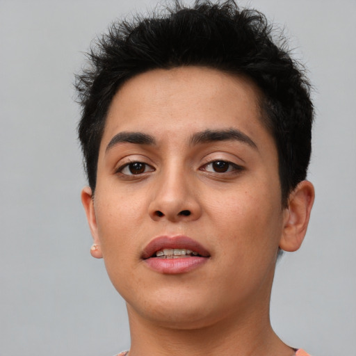 Neutral asian young-adult female with short  brown hair and brown eyes